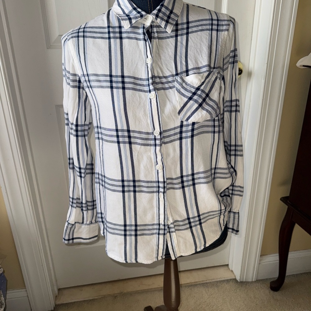 Women’s Blue and White Long Sleeve Shirt Woolrich Sz M